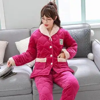 女士睡衣睡衣女士冬季三层加厚法兰绒睡衣套装秋天保暖珊瑚绒夹棉袄
