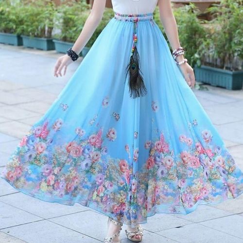 雪纺半身裙中长款复古印花大摆仙女裙大码沙滩长裙女高档半身裙子