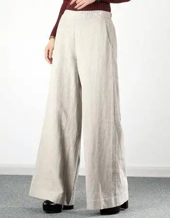 布琳达2022春秋新款棉麻阔腿裤女轻奢气质亚麻提花休闲女裤后松紧腰