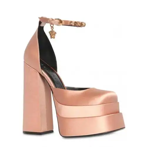 范思哲versace 高跟鞋女士奢侈品155毫米platform绸缎高跟鞋 蓝绿色