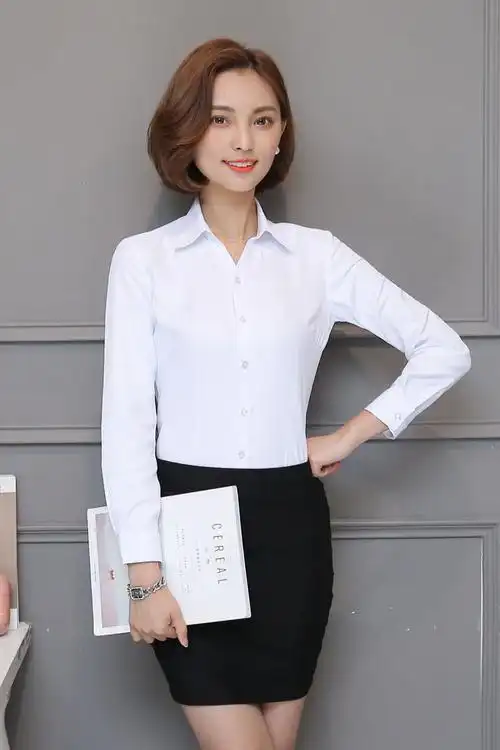 夏秋白衬衫女职业工作长袖正装修身v领条纹工装衬衣短袖女装ol寸