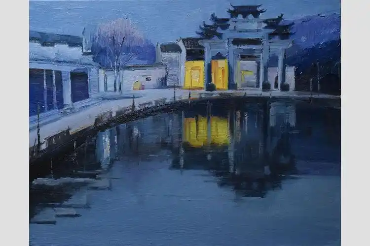 风景油画(徽式建筑)