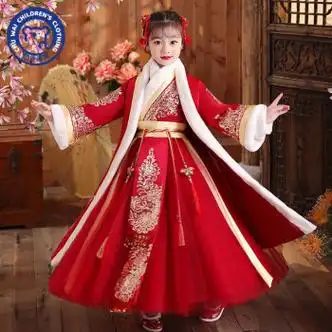 楚外女童汉服冬装儿童拜年服加厚宝宝古装过年红色中国风女孩新年衣服