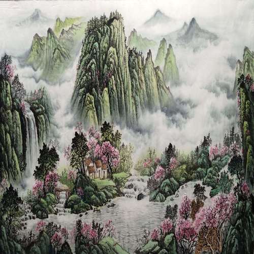 纯手绘八尺横幅客厅春景桃花源世外桃源山水画名人字画国画书画