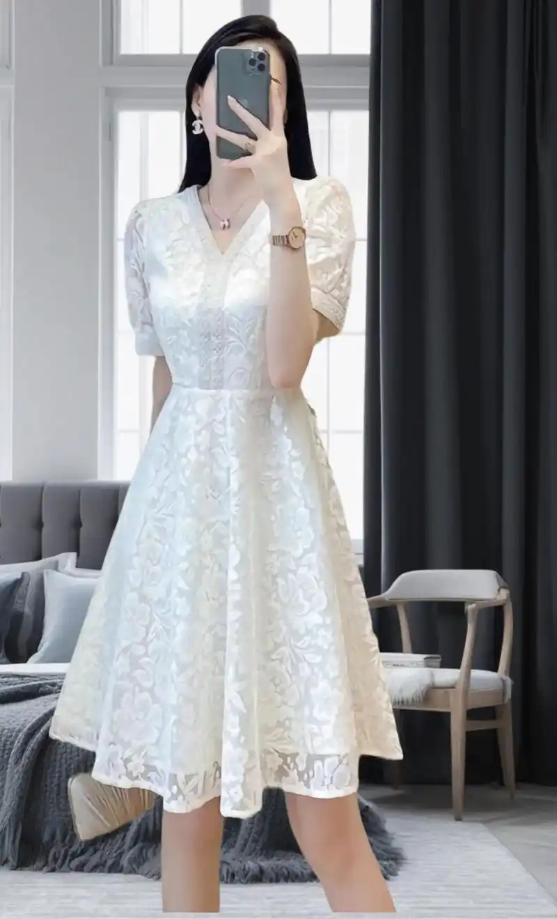 老铁们夏季新款高级感显白短袖v领收腰显瘦名媛气质a