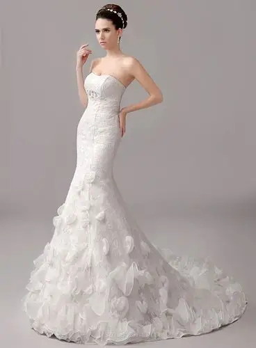westsunny白色抹胸鱼尾花朵新娘婚纱-picture0