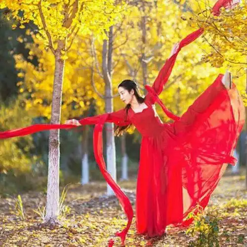 汉唐古典舞蹈古装汉服 女广袖流仙裙演出仙女服装表演 红色水袖 m