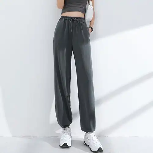 运动裤女宽松束脚夏直筒薄款裤子高街ins灰色休闲裤