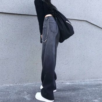 栋繁秋冬新款裤子女显瘦直筒牛仔裤女学生ins宽松百搭潮流拖地黑色