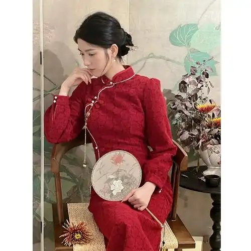 礼服女秋冬款旗袍加厚改良新娘敬酒服订婚新中式加绒长袖红色冬季