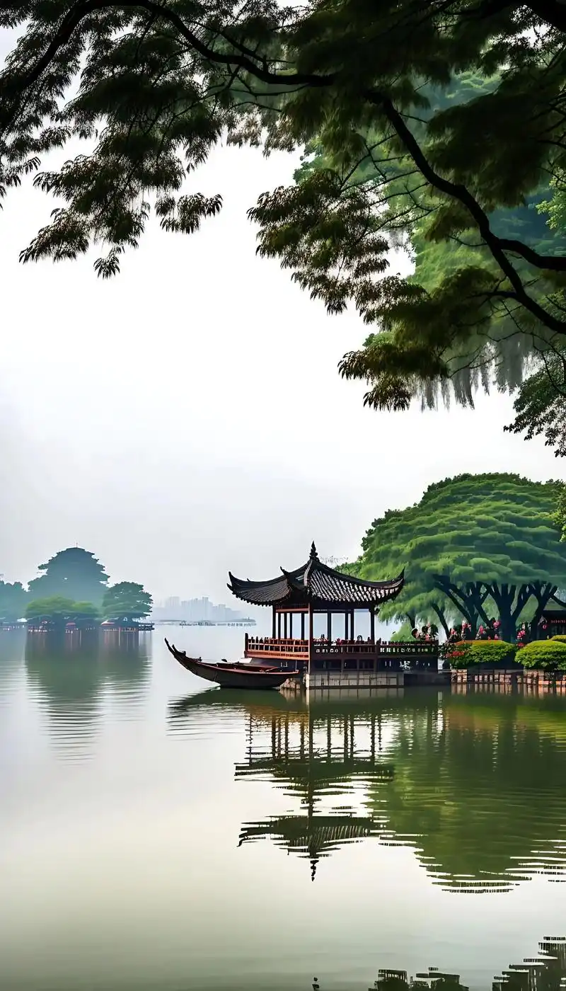 云外ai图文.杭州西湖夏日风景秀丽,湖面清澈,有古民居,湖心 - 抖音