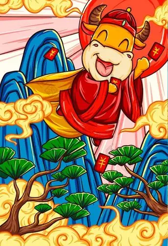 2021年春节牛年贺图插画图片