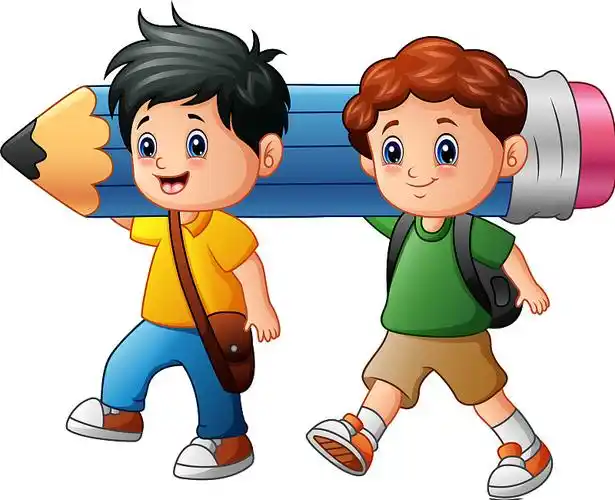 两个卡通男孩拿着一支大铅笔图片