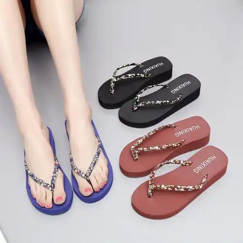 中跟人字拖女夏韩版时尚厚底坡跟凉拖学生平跟沙滩鞋防滑夹脚拖鞋 -