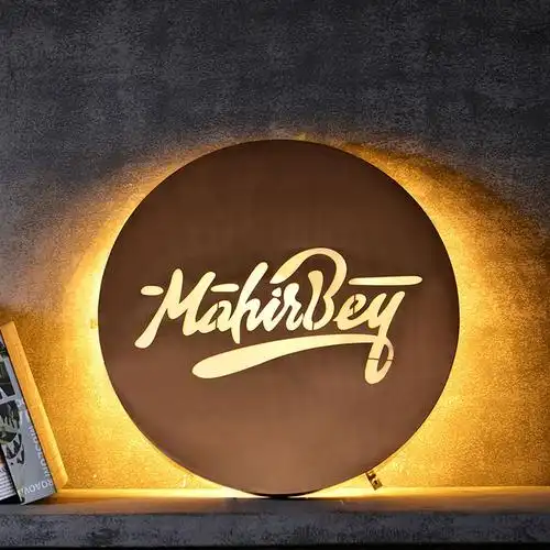 圆形双面灯箱金色店招木纹招牌镂空发光字复灯箱