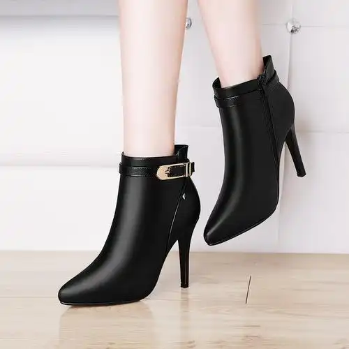 【人气特卖】职场风ol优雅轻熟金属加绒尖头高跟女短靴酒杯跟短毛绒