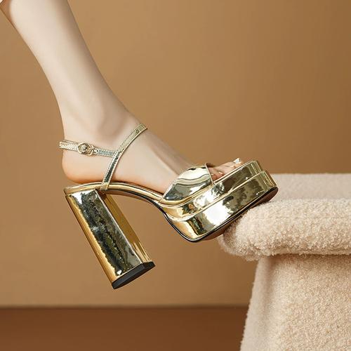 金色鱼嘴粗跟凉鞋欧美风一字扣防水台超高跟鞋舞台宴会主持鞋婚鞋