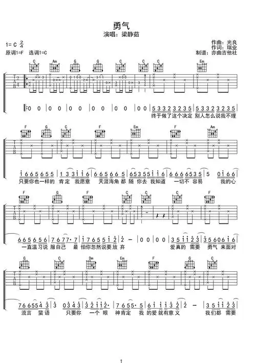 勇气梁静茹吉他谱弹唱c调简易版加上前奏间奏c调六线pdf谱吉他谱-虫虫