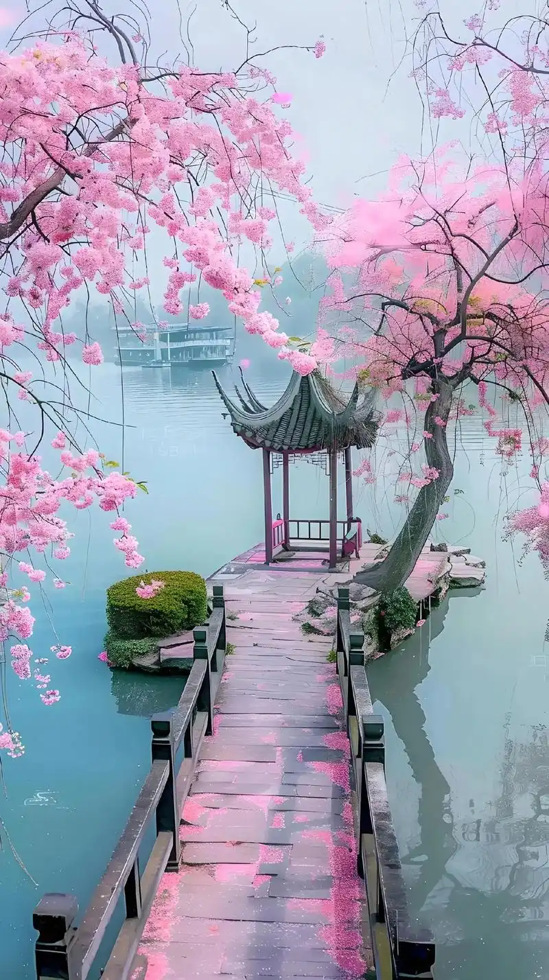 西湖边的桃花,如诗如画,如梦幻般美丽.在微风中轻轻摇曳,宛如 - 抖音