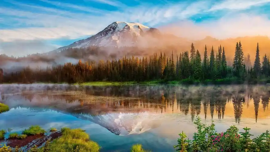 风景自然景观雷尼尔山瀑布山脉山川风景大片壁纸