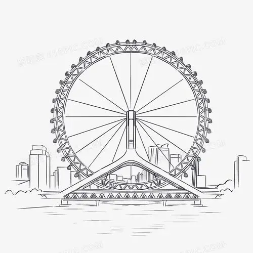 手绘线稿天津之眼摩天轮免抠元素