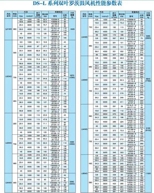 dsl系列双叶罗茨鼓风机参数表