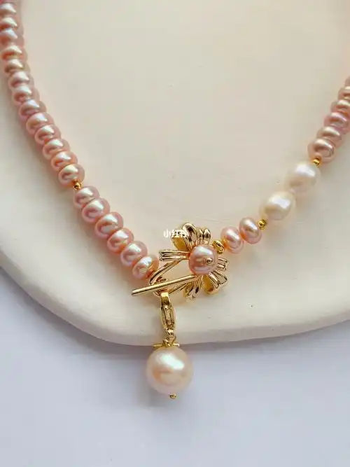 超仙橘粉色珍珠锁骨链上新