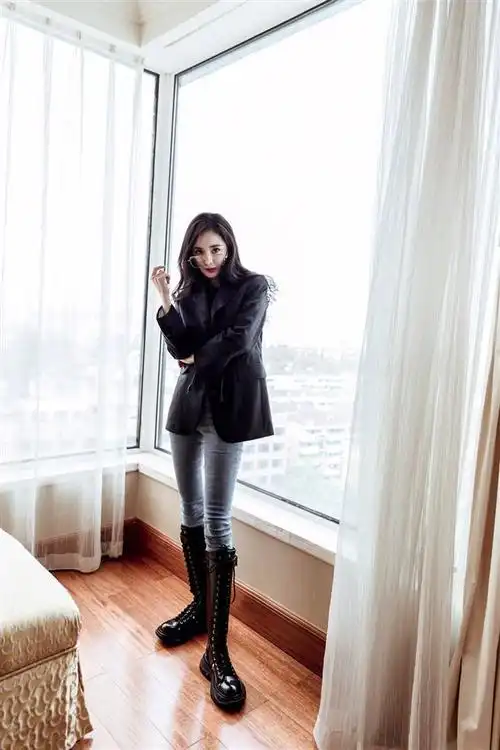 杨幂同款马丁靴系带高筒靴古力娜扎长筒靴机车靴厚底靴