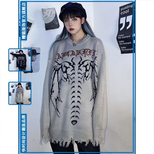 美式街头哥特风衣服男潮流新款设计感骷髅毛衣oversize宽松针织衫
