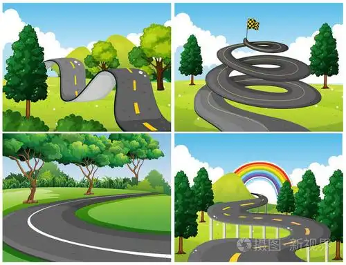 四个场景的公园和空旷的马路