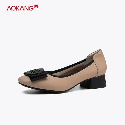 清仓奥康女鞋春季牛皮革圆头粗跟中跟单鞋女休闲浅口套脚