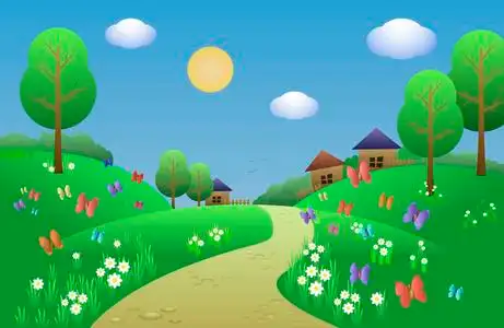 小山和雏菊欢快开朗的风景, 为一本儿童读物与青山,雏菊,蝴蝶,树木和