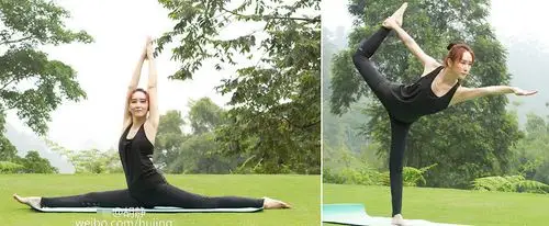 阔太胡静户外做瑜伽 穿黑色紧身衣小背心练劈腿