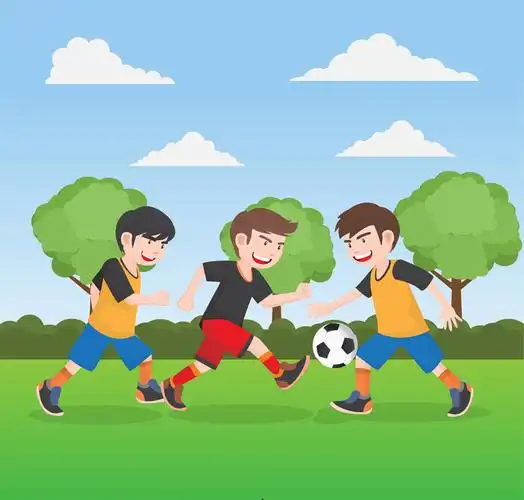 3个草地上踢足球的男孩矢量图_体育运动_懒人图库