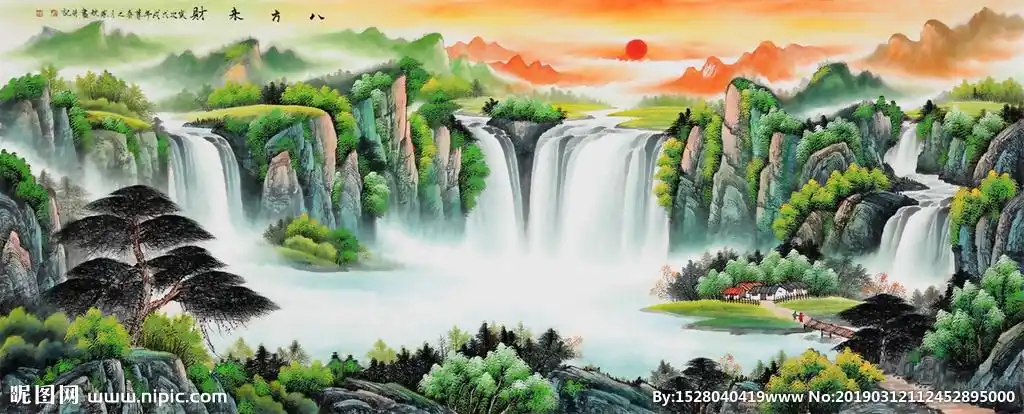 青绿山水画八方来财图片