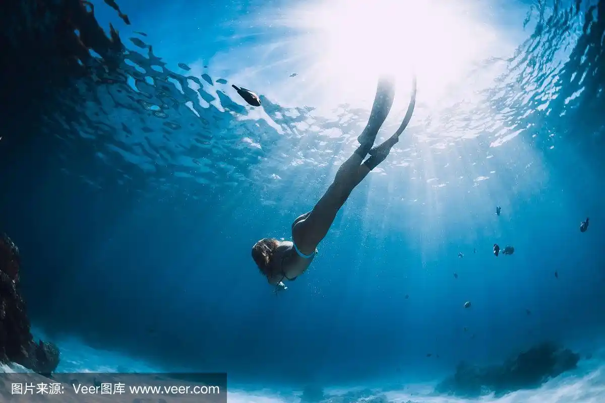 迷人的女人自由潜水者与鳍滑过沙海.在热带海洋中自由潜水