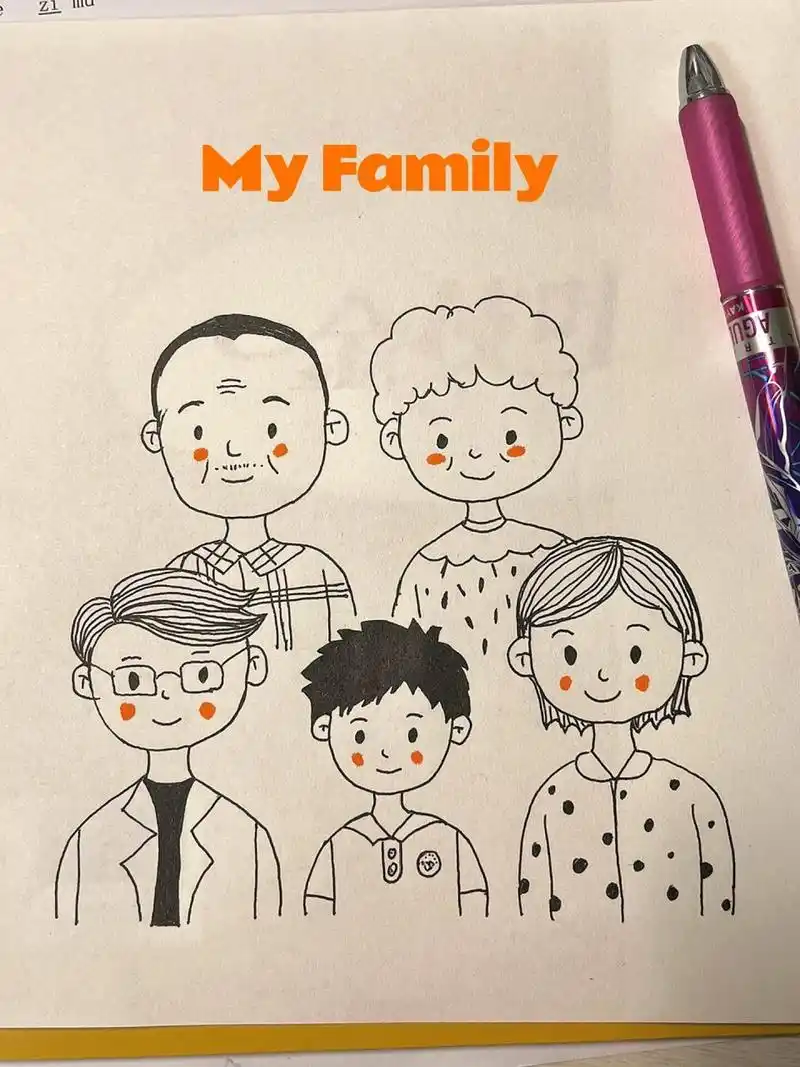 一年级英语my family 全家福简笔画 一年级英语内容,给娃画的全家福简
