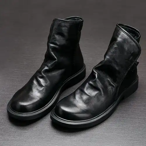 素人真皮马丁靴秋冬黑色复古高帮皮靴青年文艺潮流切尔西靴男士