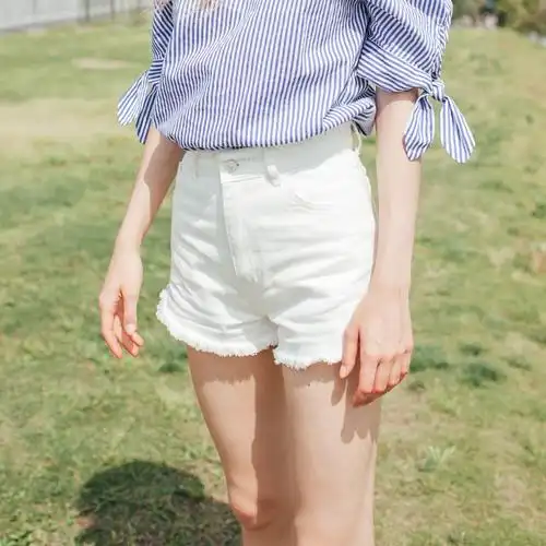 然若 夏季女装 米白色高腰毛边牛仔短裤学院风学生纯棉热裤