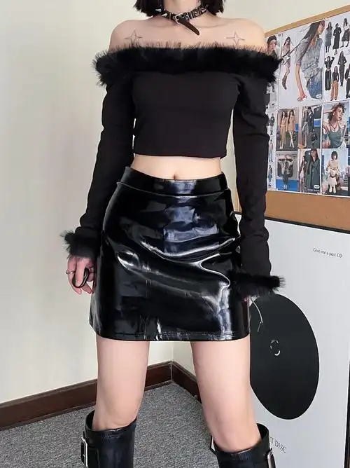 实拍 反光漆皮a字短裙半身裙 - 17网