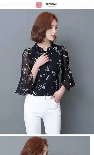 2019夏韩版七分袖女时尚气质雪纺衫蝴蝶结喇叭袖上衣柔美雪纺衬衫_宝