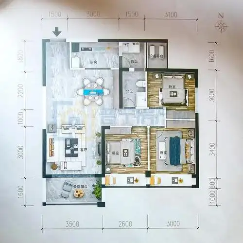 g户型 三室二厅一卫,86㎡