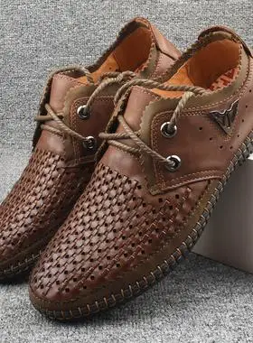 库存男士凉鞋夏季商务休闲皮凉鞋软底套线真皮透气镂空洞洞皮鞋