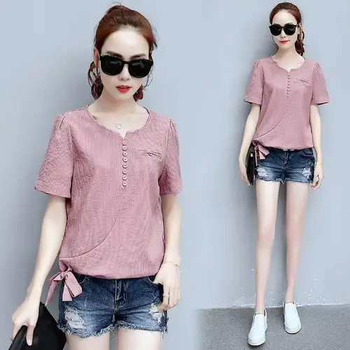 短袖t恤女宽松韩版百搭显瘦女装上衣2018夏装新款气质淑女雪纺衫