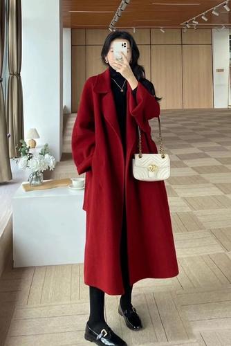 2023秋冬新款宽松高级感毛呢外套西西里红色双面羊绒大衣女中长版