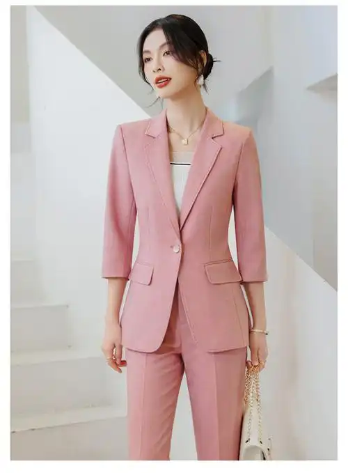 时尚粉色休闲西装外套女2024春季新款高级感气质小个子西服套装 - 17