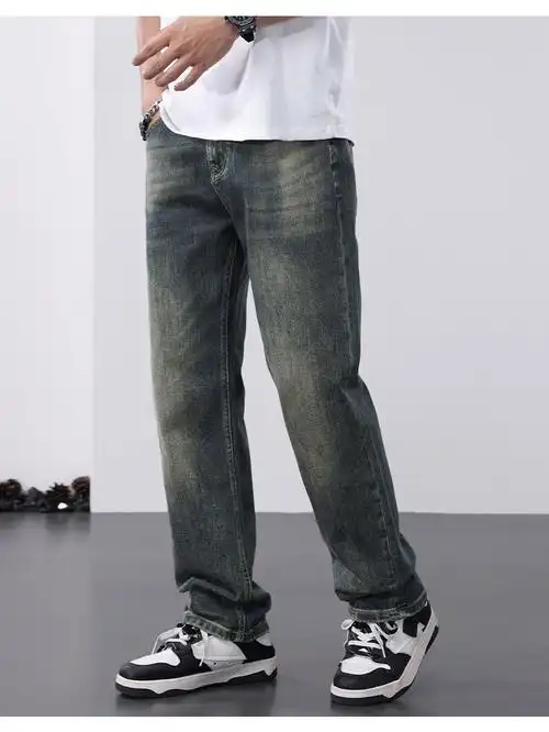 5618#春夏宽松直筒美式复古高街弹力牛仔长裤28-40【24】(松果白墙)