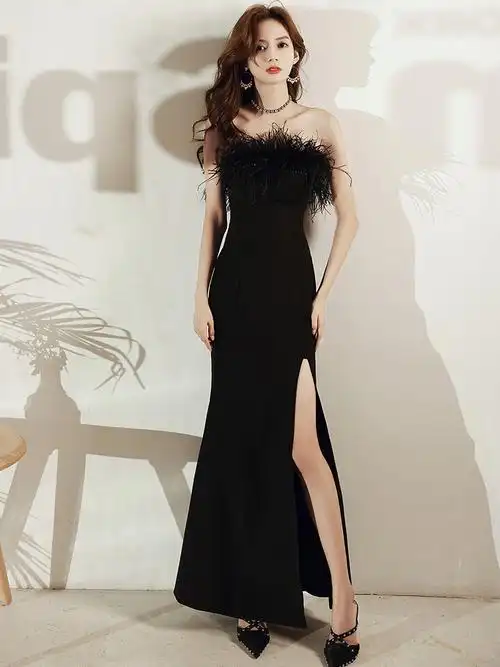 黑色晚礼服女2021秋冬季宴会名媛女王性感鱼尾抹胸晚礼服长款现货