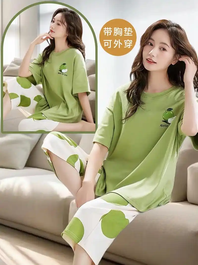 带胸垫短袖七分裤睡衣家居服.