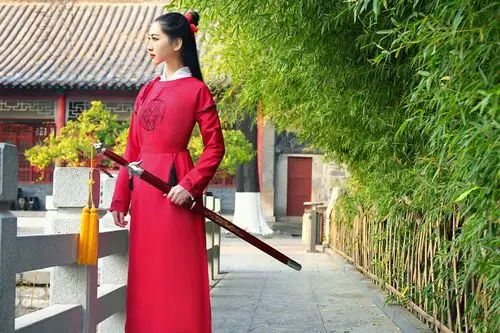 古装服装女款圆领长袍汉服改良侠女唐装舞台演出服中国风古典女装